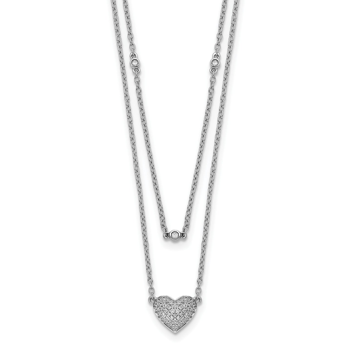 14k White Gold 1/5 carat Pave Diamond Double Strand Heart 18 inch Necklace