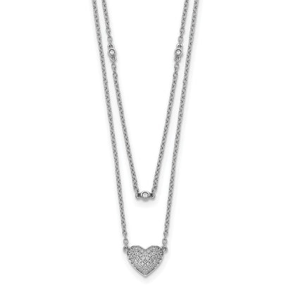 14k White Gold 1/5 carat Pave Diamond Double Strand Heart 18 inch Necklace