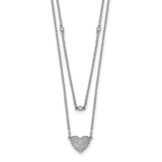 14k White Gold 1/5 carat Pave Diamond Double Strand Heart 18 inch Necklace