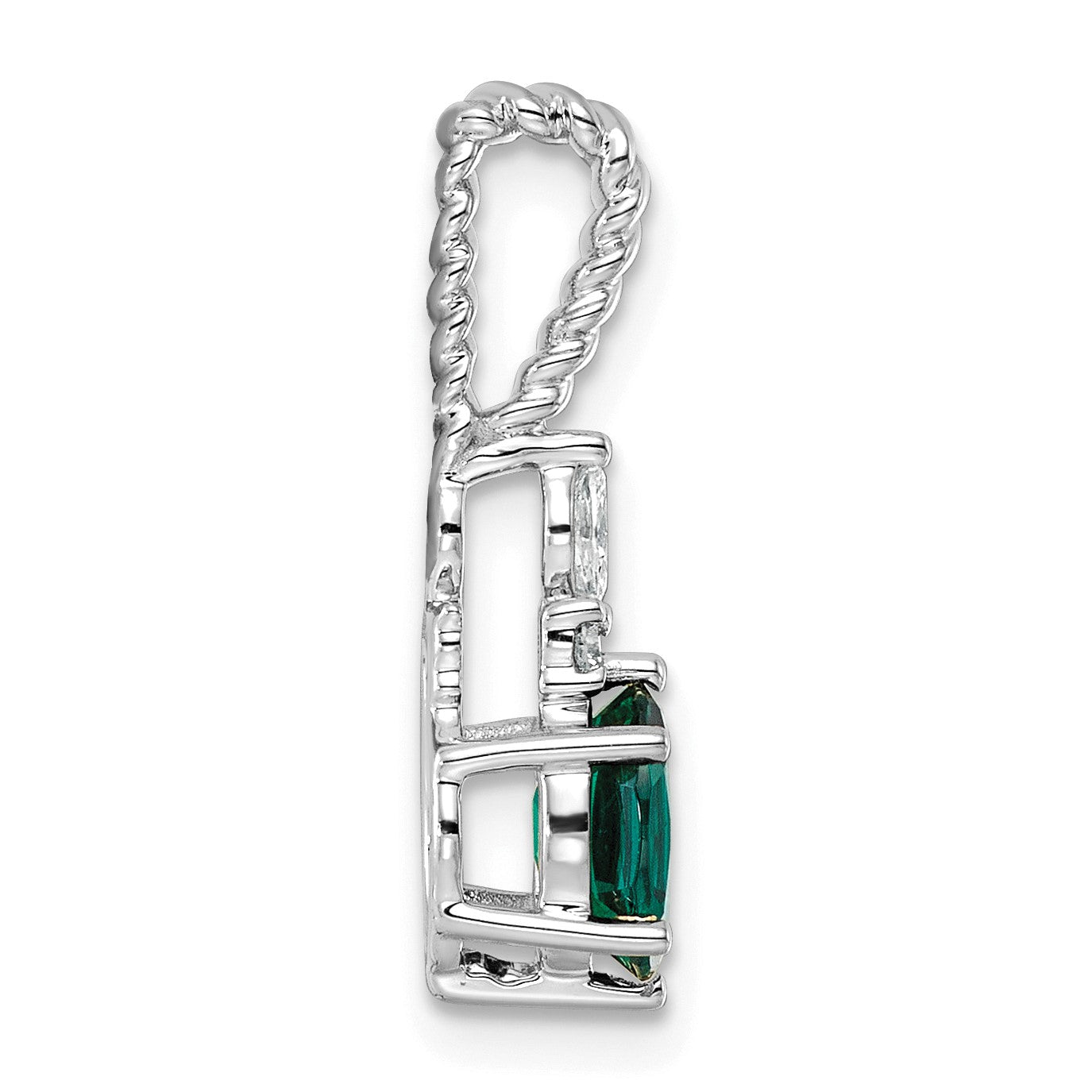 14K White Gold Diamond and 7x5 Oval May/Lab Created Emerald Twisted Chain Slide