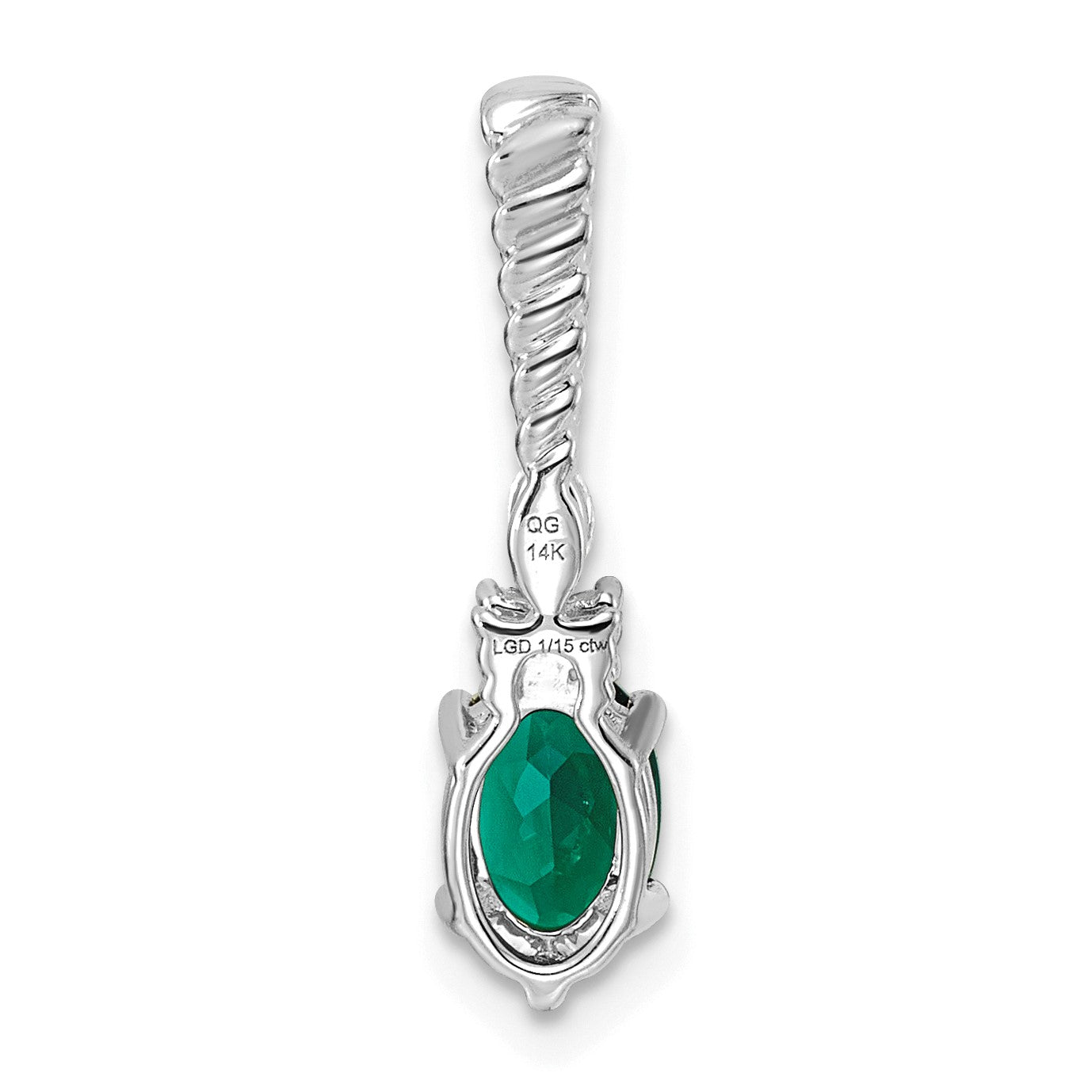 14K White Gold Diamond and 7x5 Oval May/Lab Created Emerald Twisted Chain Slide