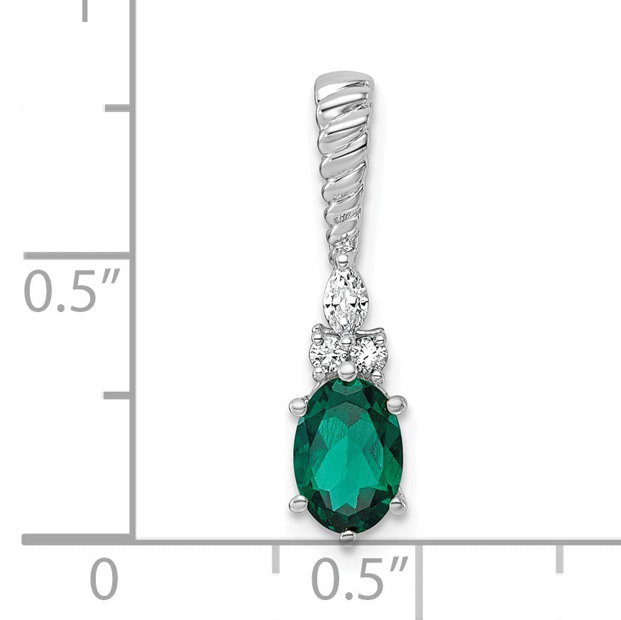 14K White Gold Diamond and 7x5 Oval May/Lab Created Emerald Twisted Chain Slide