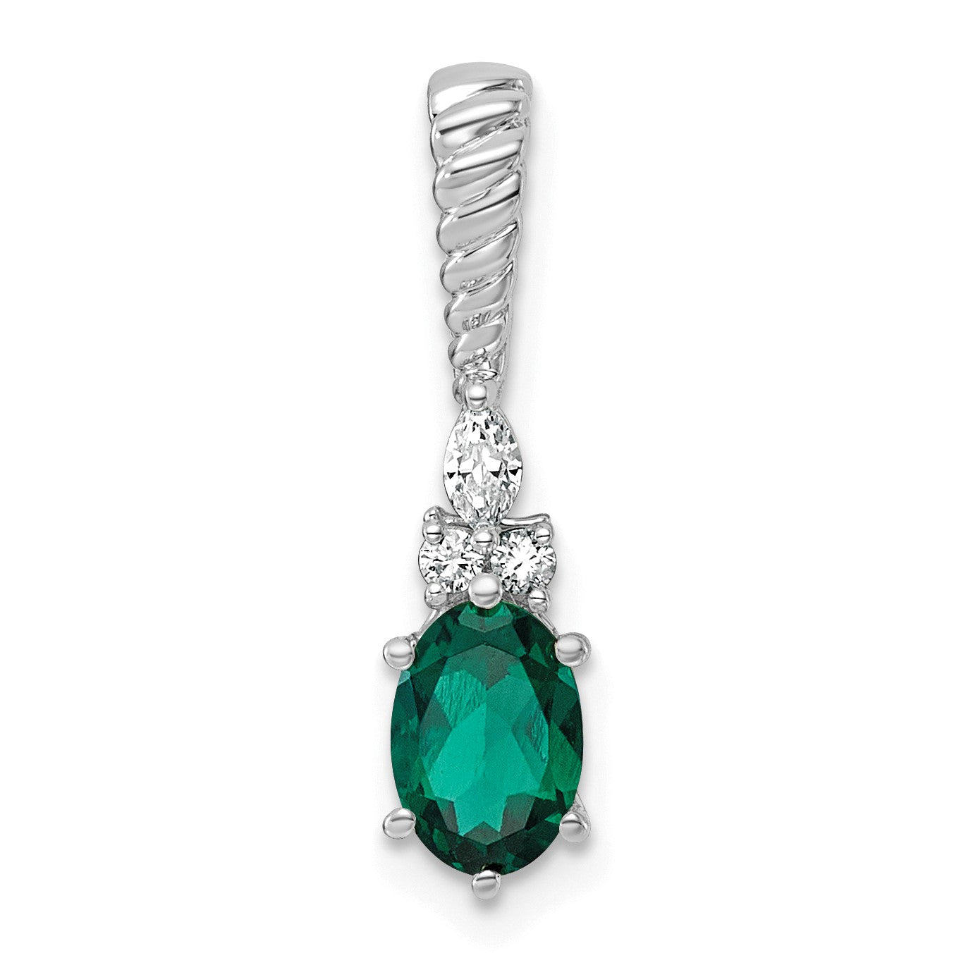 14K White Gold Diamond and 7x5 Oval May/Lab Created Emerald Twisted Chain Slide