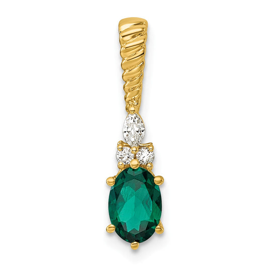 14K Diamond and 7x5 Oval May/Lab Created Emerald Twisted Chain Slide