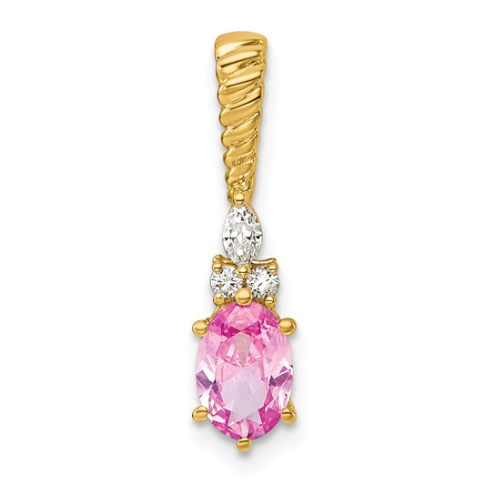 14K Diamond and 7x5 Oval October/Lab Created Pink Sapphire Twisted Chain Slide
