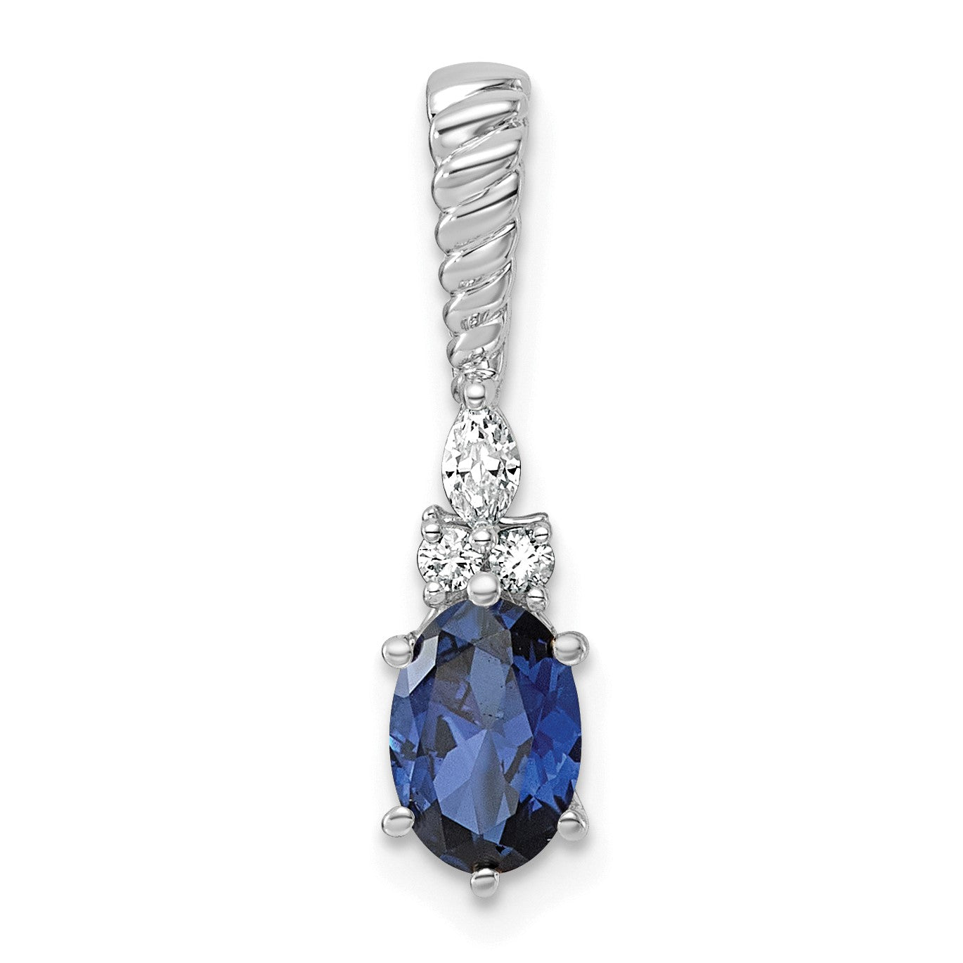 14K White Gold Diamond and 7x5 Oval September/Lab Created Sapphire Twisted Chain Slide