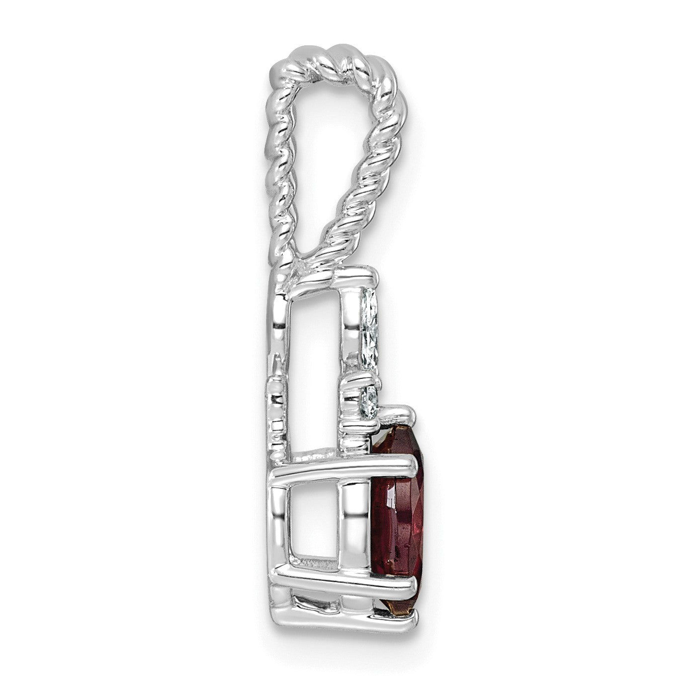 14K White Gold Diamond and 7x5 Oval June/Rhodolite Garnet Twisted Chain Slide