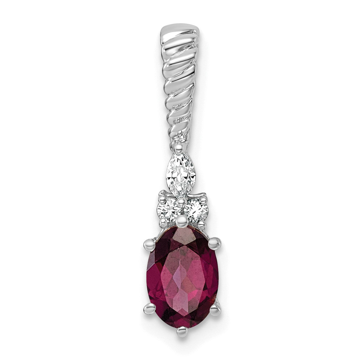 14K White Gold Diamond and 7x5 Oval June/Rhodolite Garnet Twisted Chain Slide