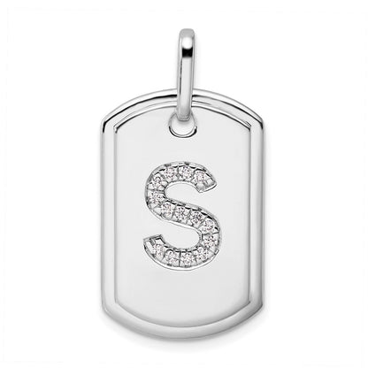 14K White Gold  Diamond Initial S Dog Tag Charm