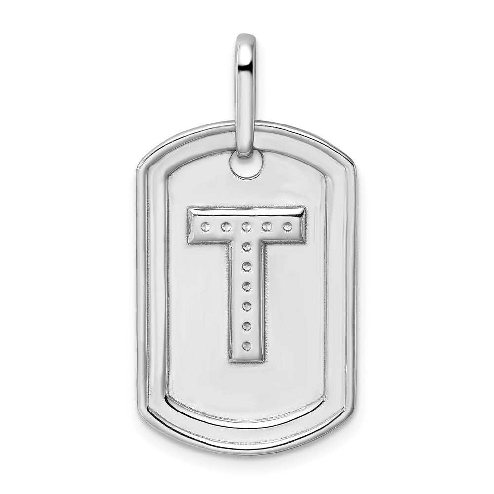 14K White Gold  Diamond Initial T Dog Tag Charm