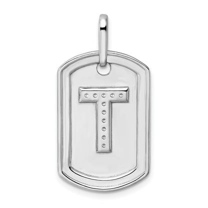 14K White Gold  Diamond Initial T Dog Tag Charm