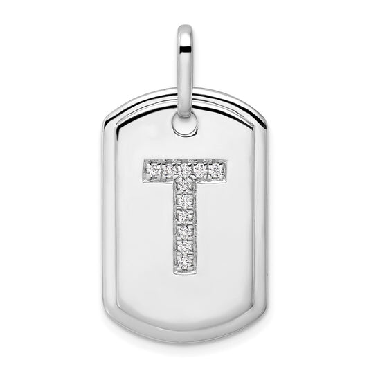 14K White Gold  Diamond Initial T Dog Tag Charm