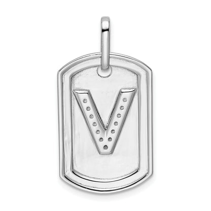 14K White Gold  Diamond Initial V Dog Tag Charm