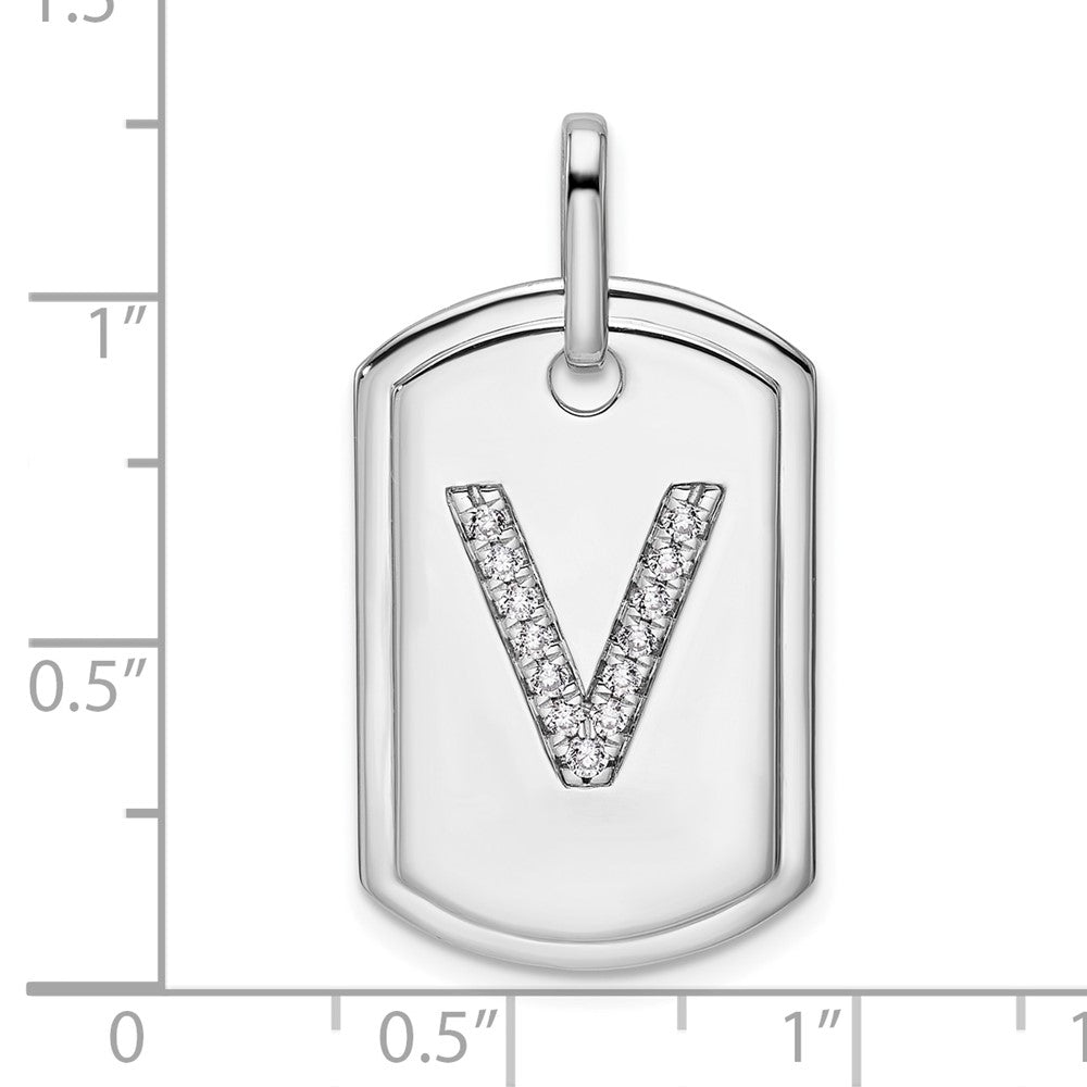 14K White Gold  Diamond Initial V Dog Tag Charm