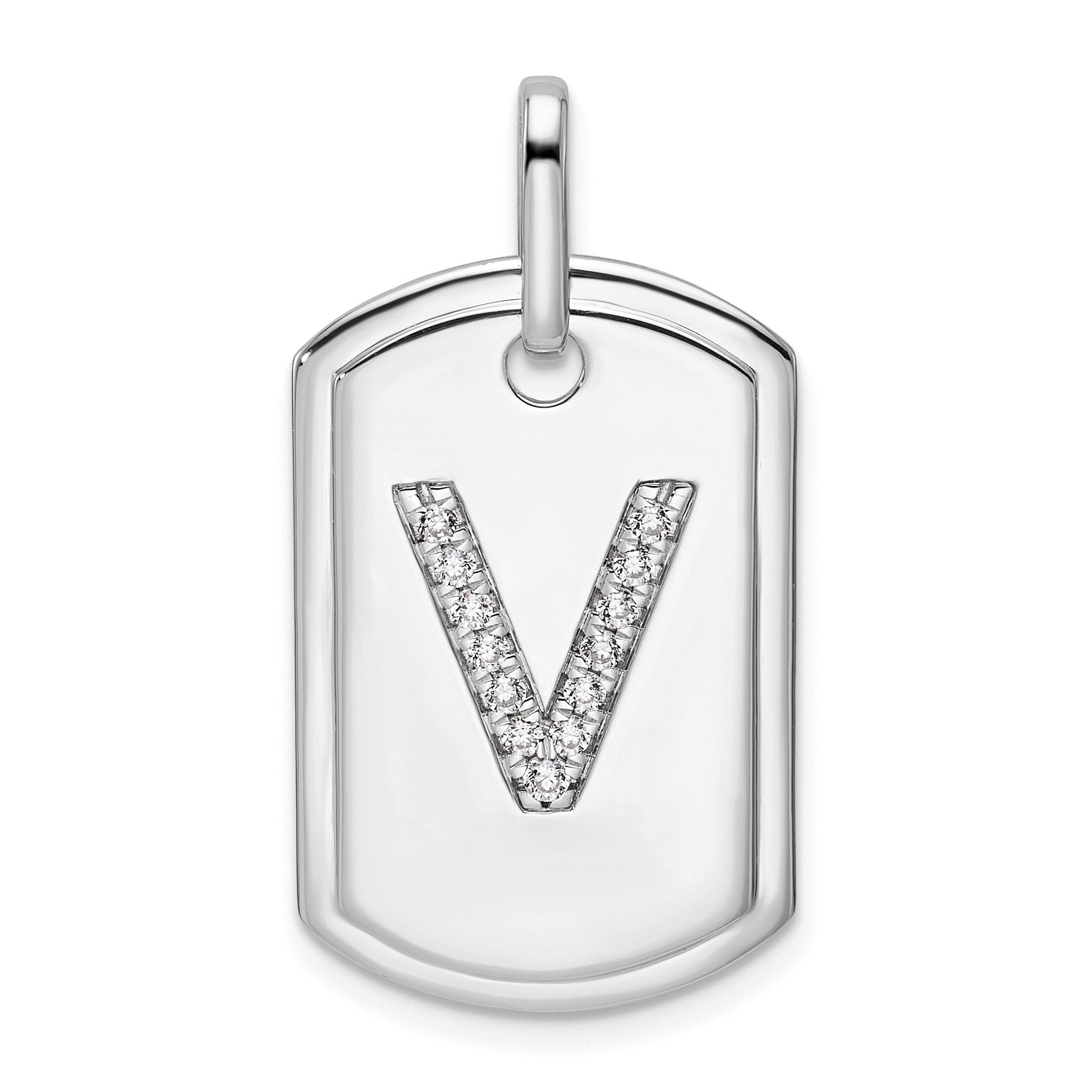 14K White Gold  Diamond Initial V Dog Tag Charm