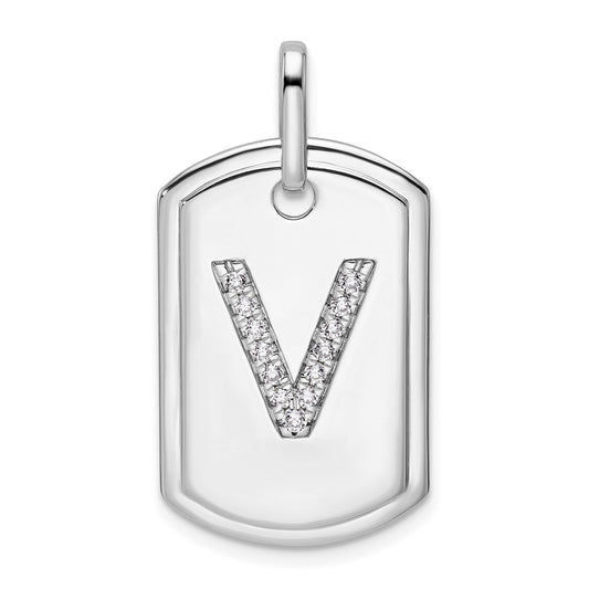 14K White Gold  Diamond Initial V Dog Tag Charm