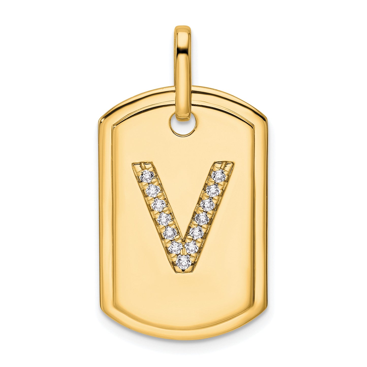 14K Diamond Initial V Dog Tag Charm