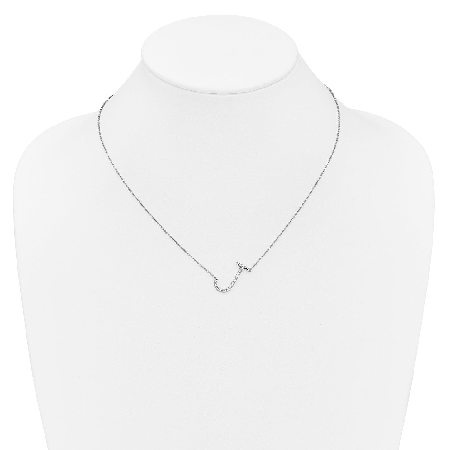 14K White Gold Sideways Diamond Initial J 18 inch Necklace