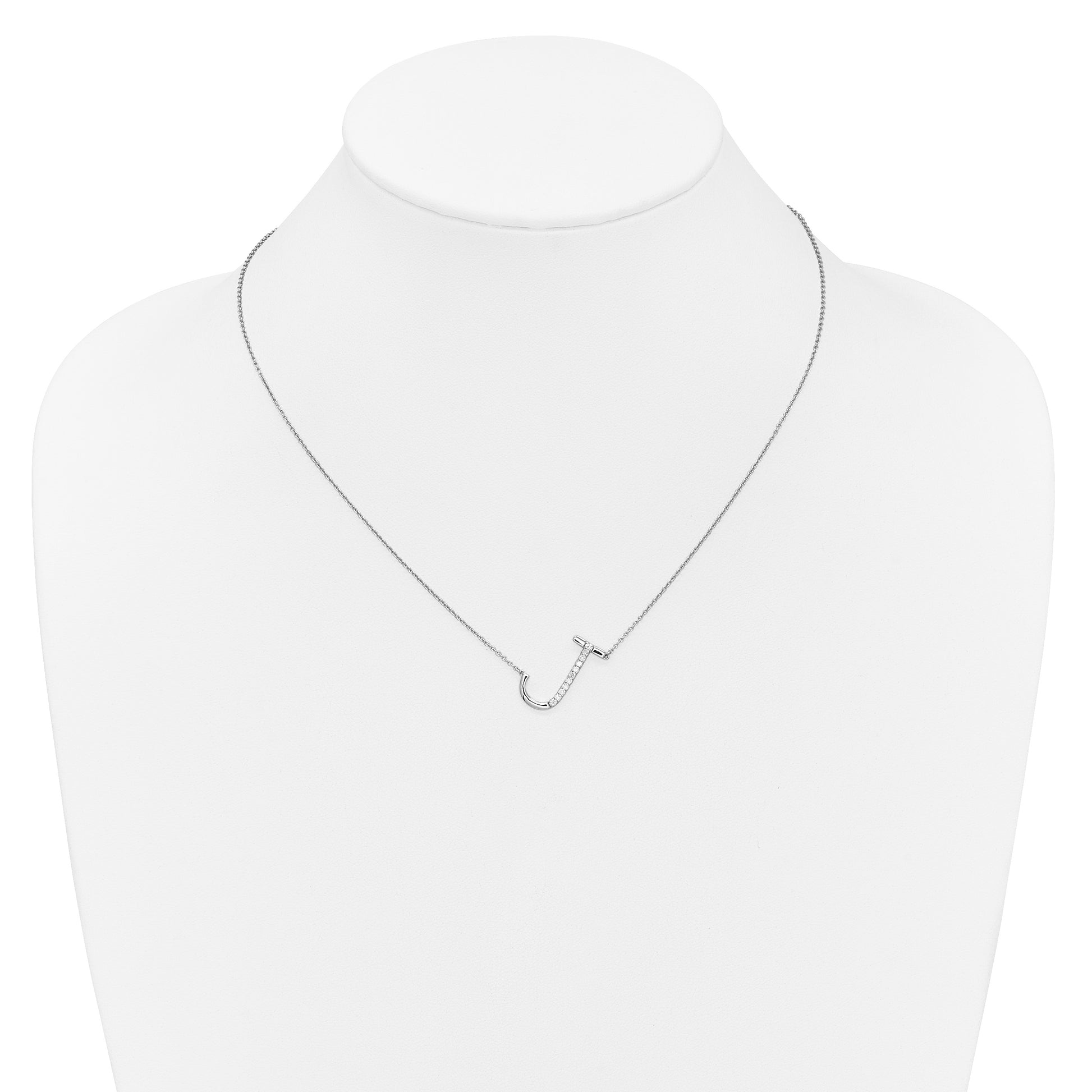 14K White Gold Sideways Diamond Initial J 18 inch Necklace