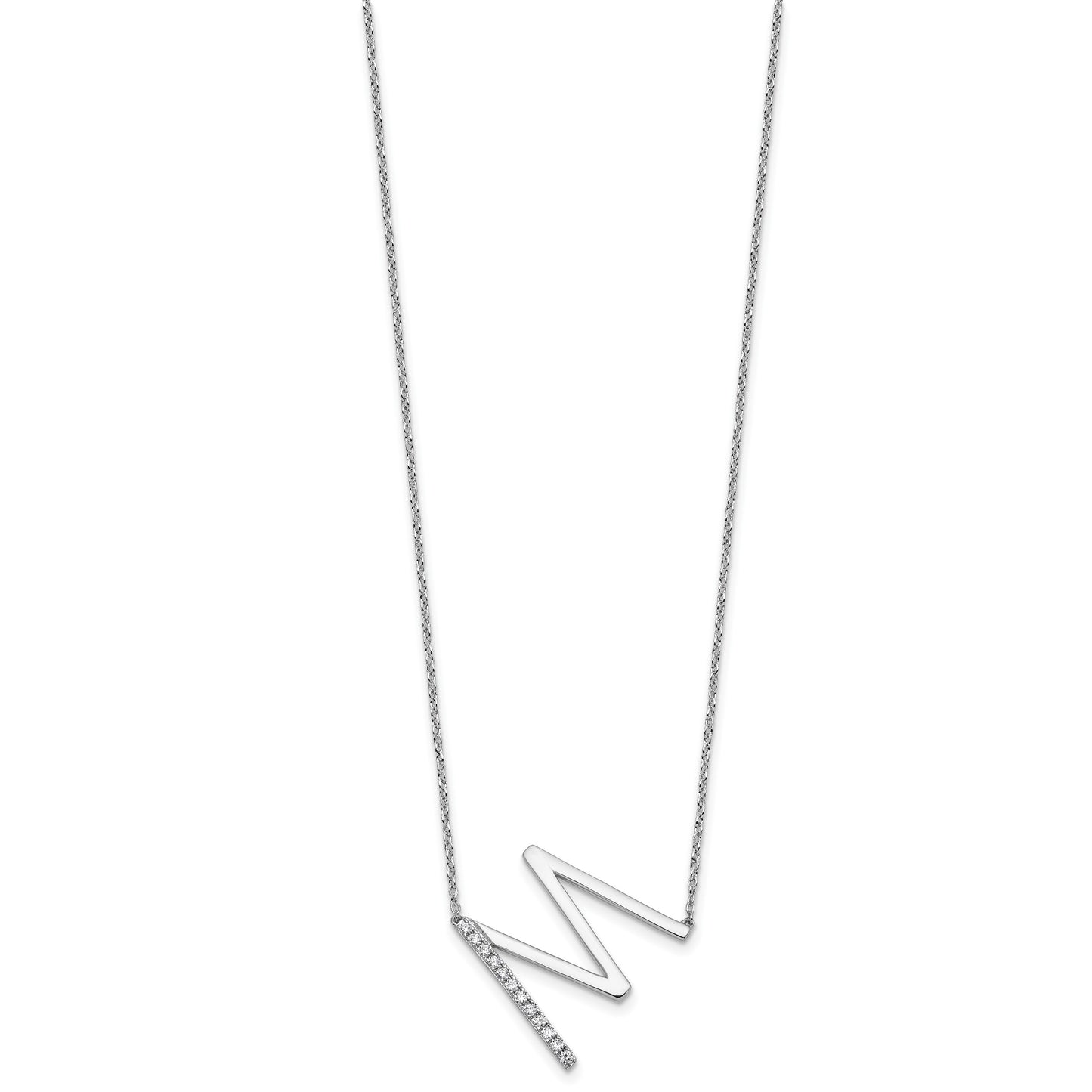 14K White Gold Sideways Diamond Initial M 18 inch Necklace