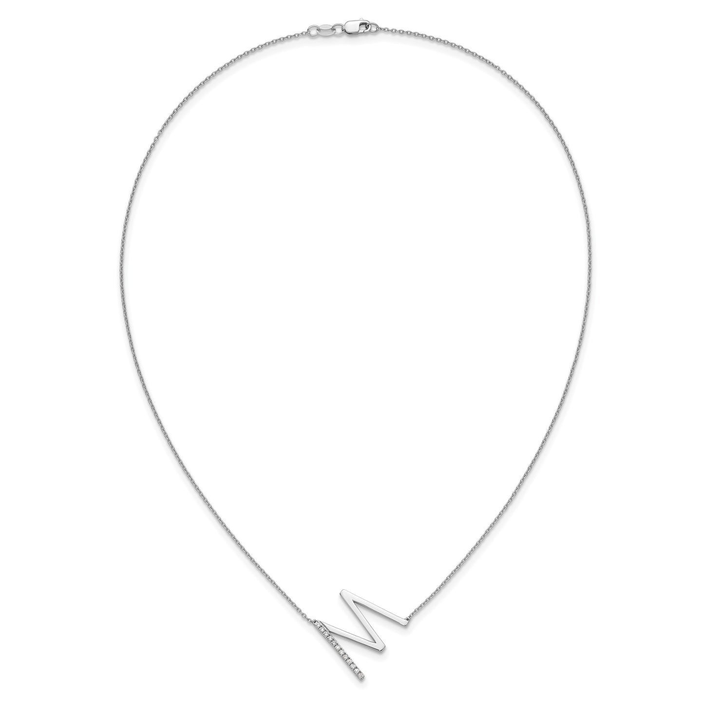 14K White Gold Sideways Diamond Initial M 18 inch Necklace