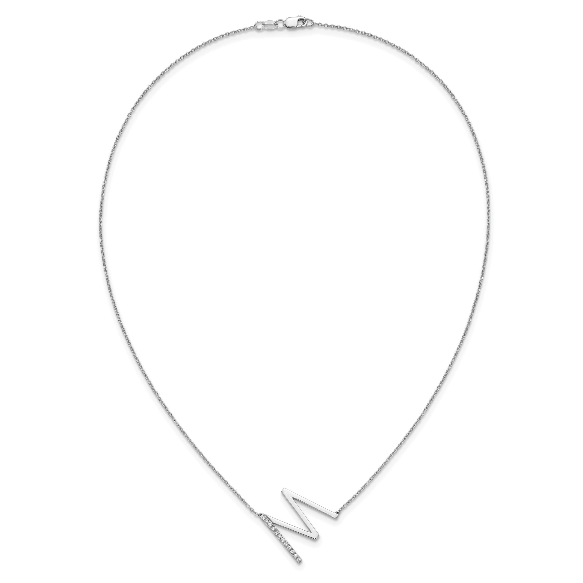 14K White Gold Sideways Diamond Initial M 18 inch Necklace