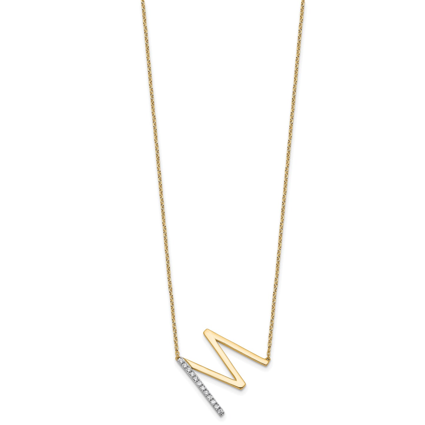 14K Sideways Diamond Initial M 18 inch Necklace