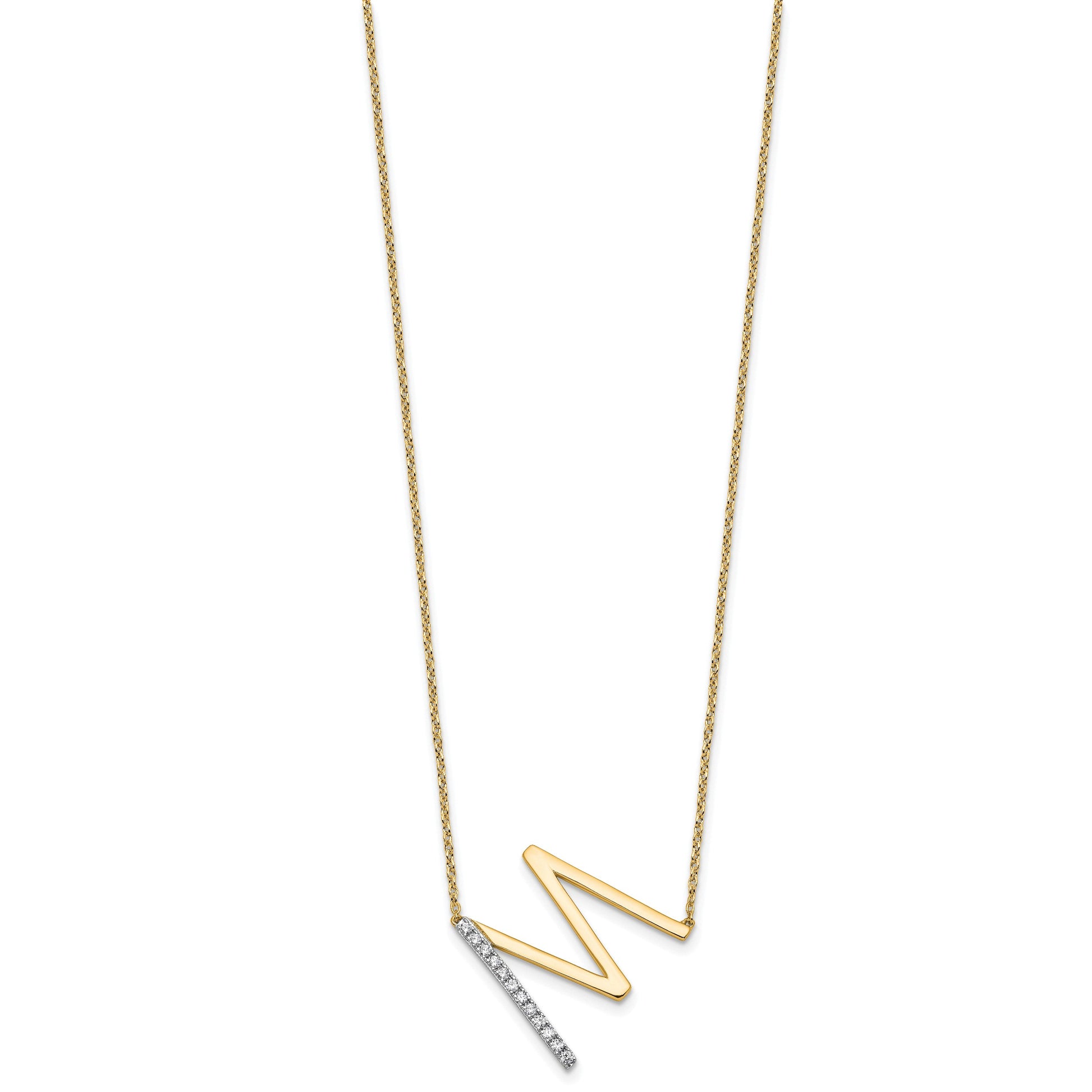14K Sideways Diamond Initial M 18 inch Necklace