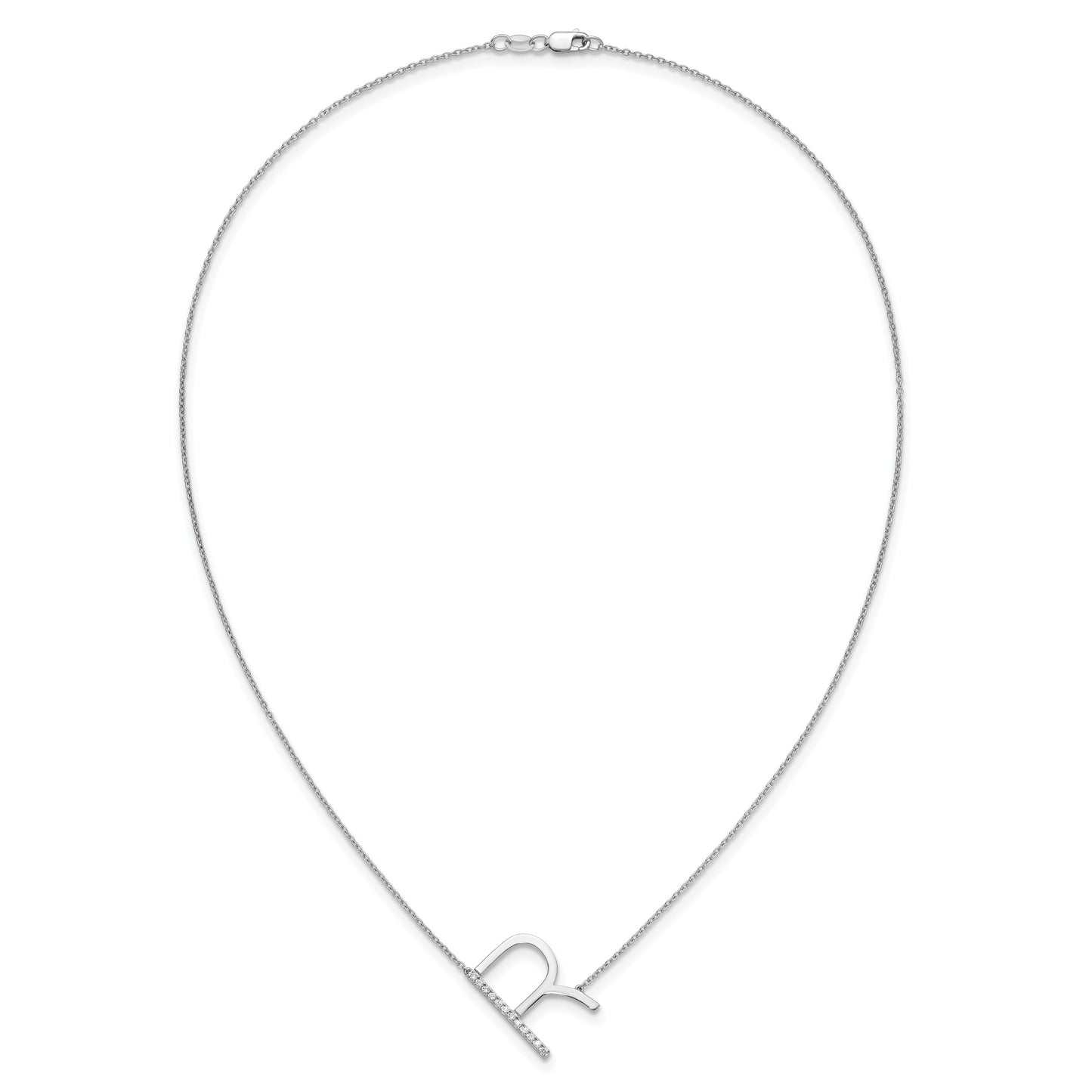 14K White Gold Sideways Diamond Initial R 18 inch Necklace