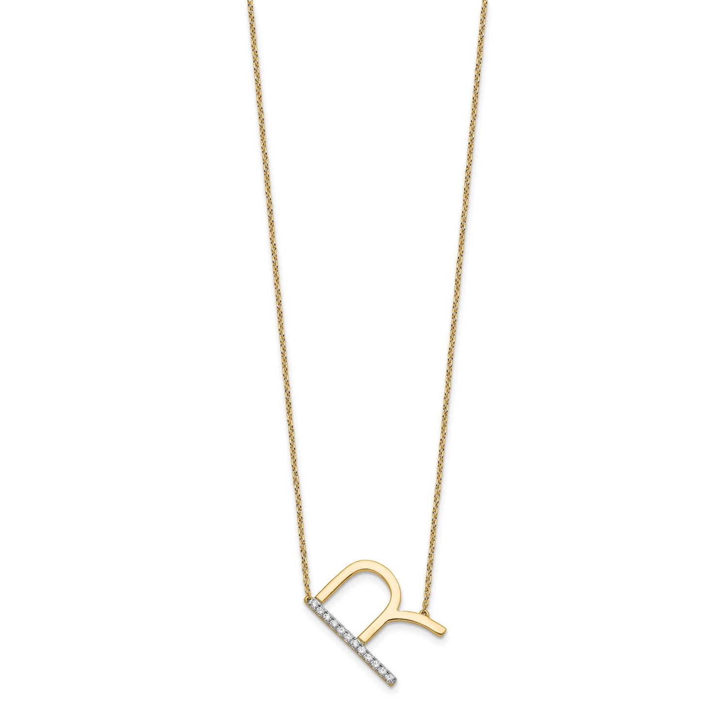 14K Sideways Diamond Initial R 18 inch Necklace