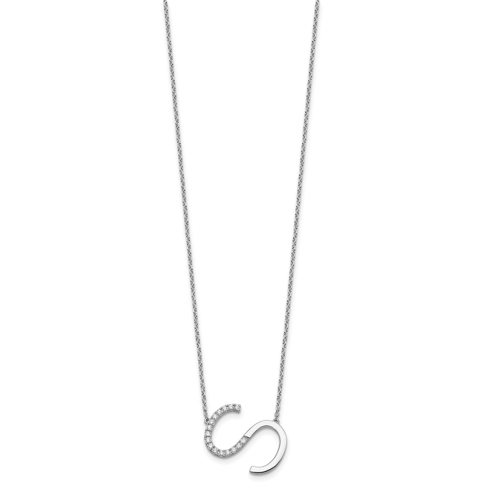 14K White Gold Sideways Diamond Initial S 18 inch Necklace