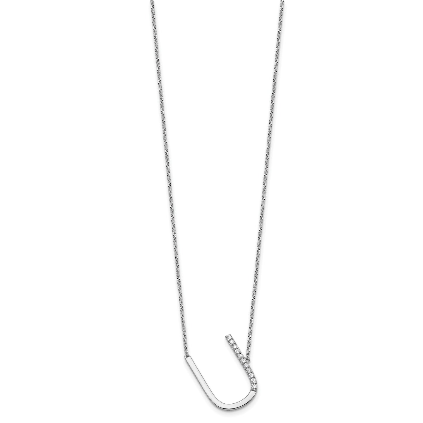 14K White Gold Sideways Diamond Initial U 18 inch Necklace