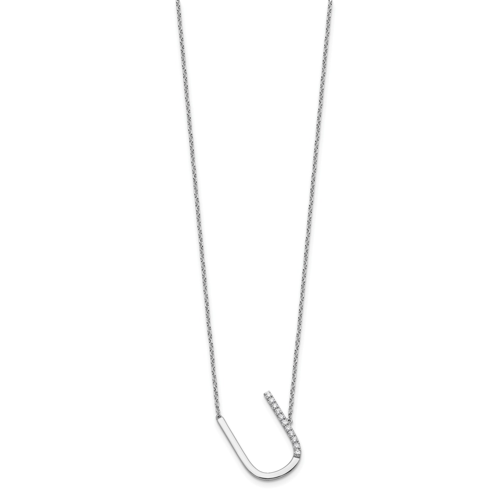 14K White Gold Sideways Diamond Initial U 18 inch Necklace