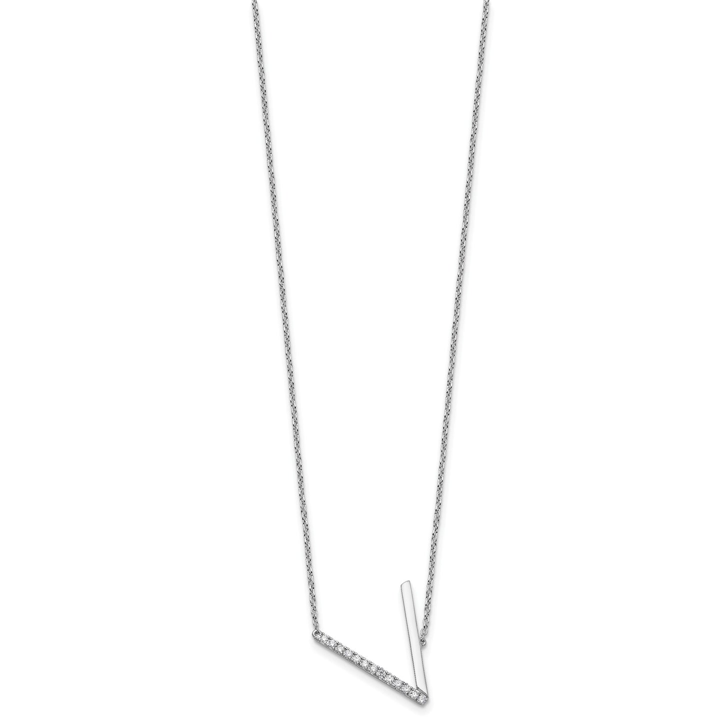 14K White Gold Sideways Diamond Initial V 18 inch Necklace
