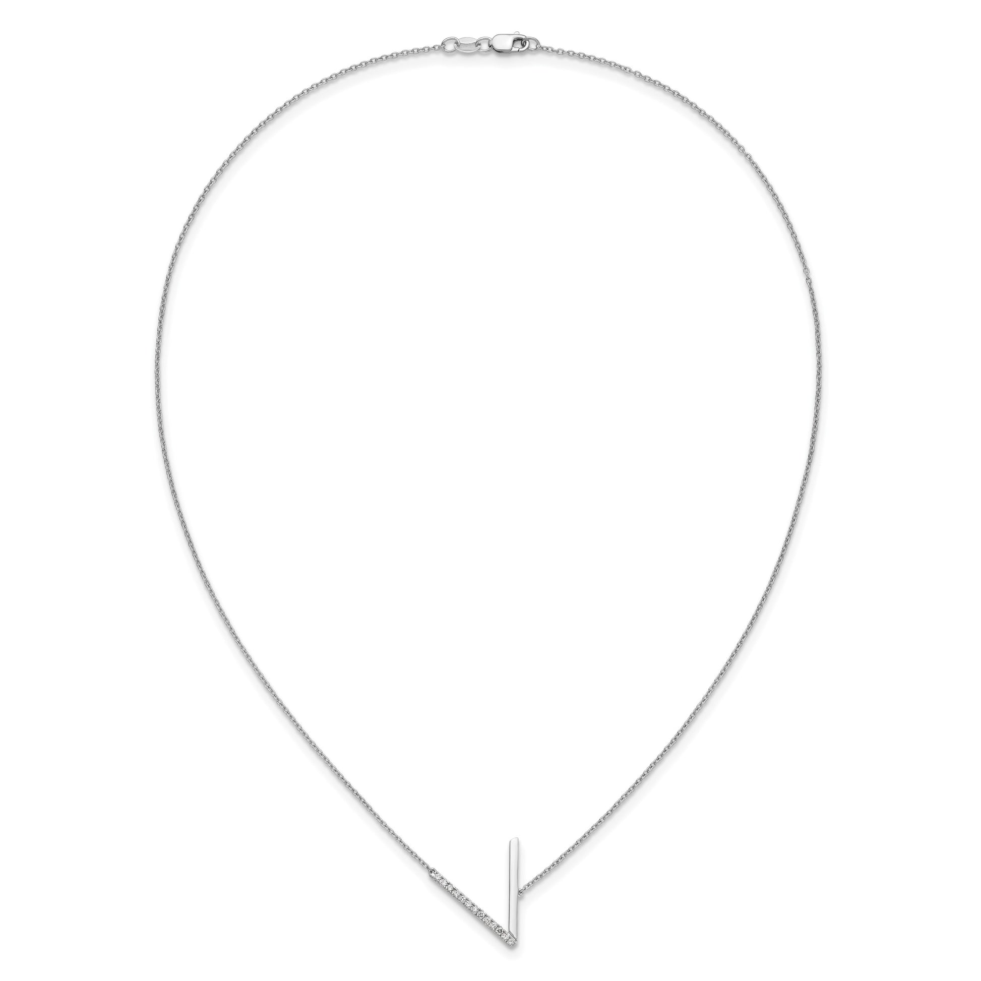 14K White Gold Sideways Diamond Initial V 18 inch Necklace