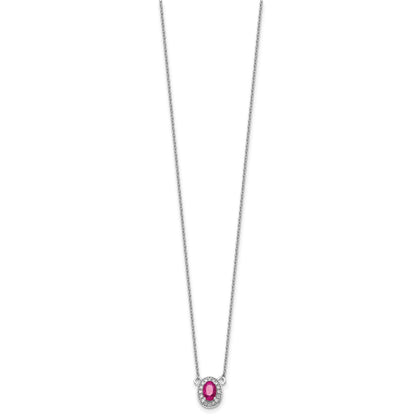 14k White Gold Diamond and 6x4mm Oval Ruby Halo 18 inch Necklace