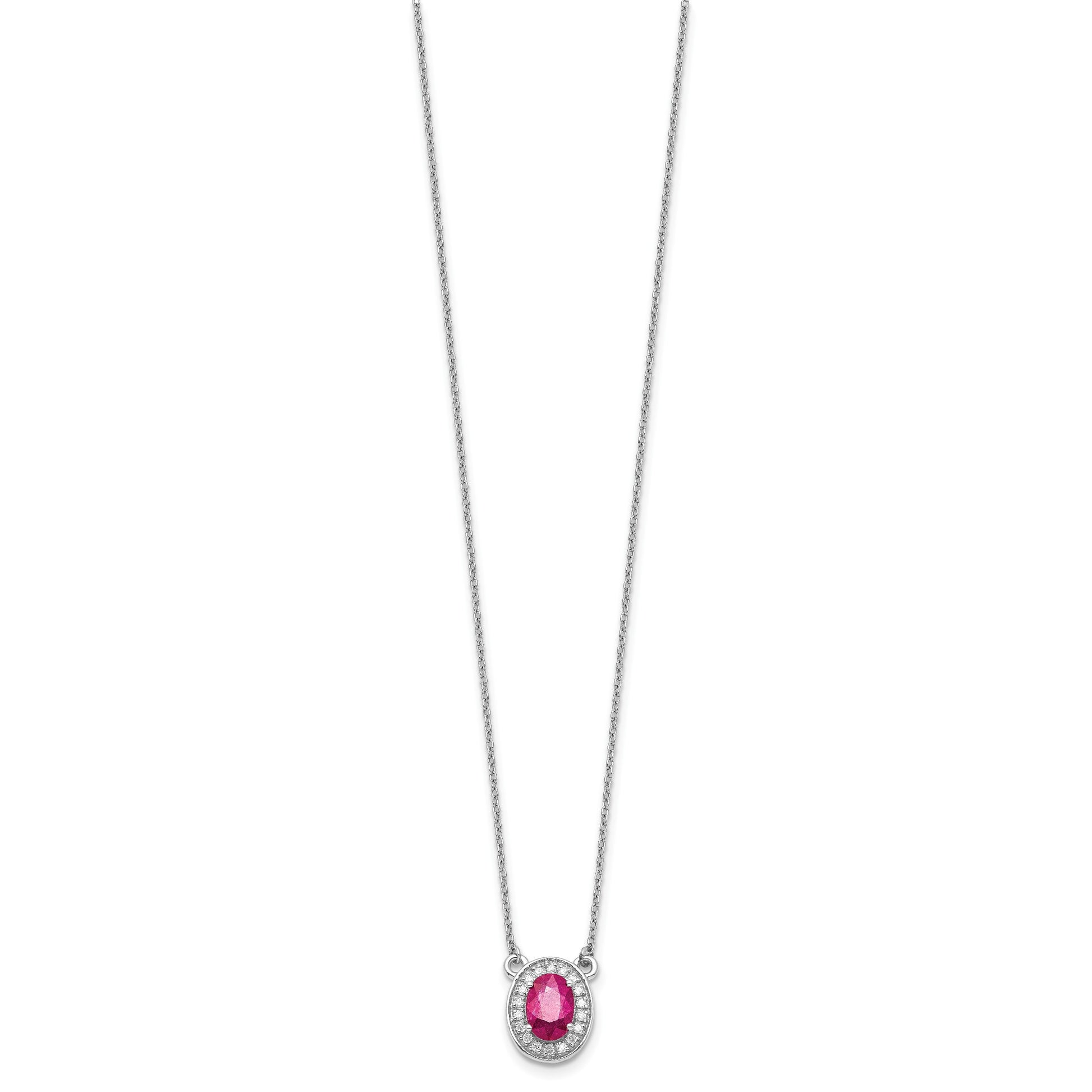 14k White Gold Diamond and 7x5mm Oval Ruby Halo 18 inch Necklace