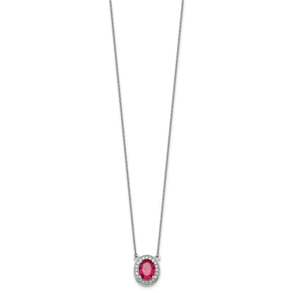 14k White Gold Diamond and 9x7mm Oval Ruby Halo 18 inch Necklace