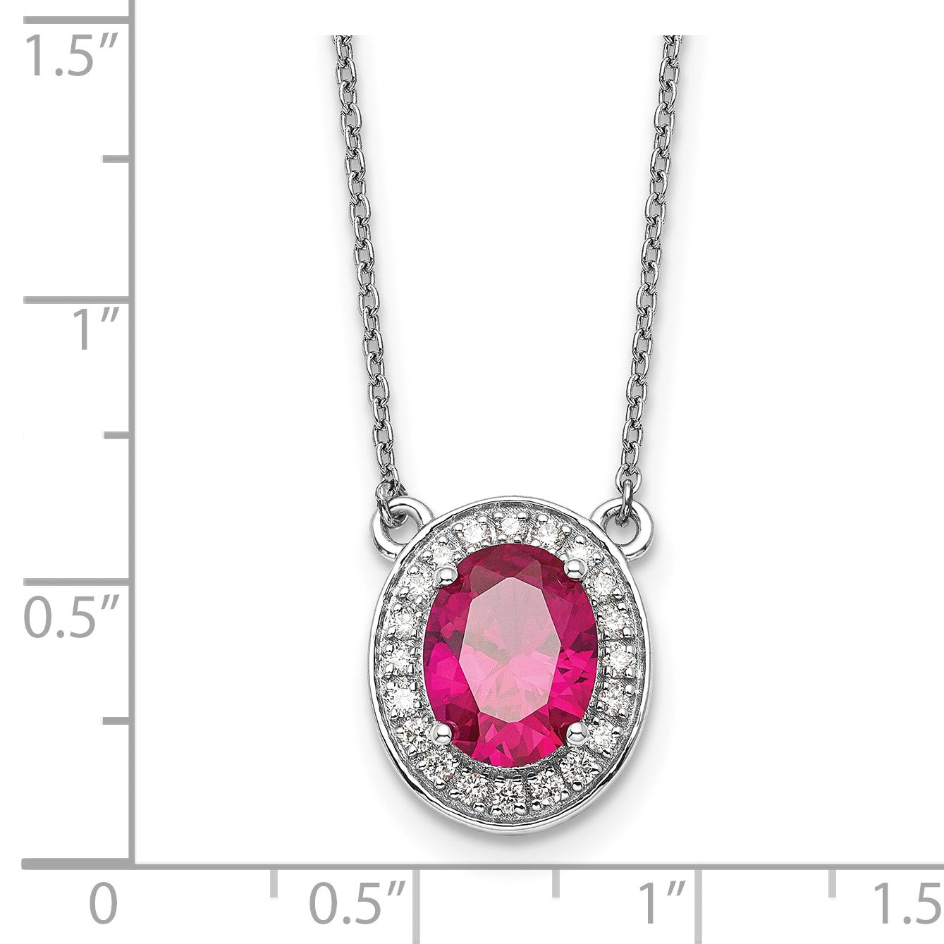 14k White Gold Diamond and 9x7mm Oval Ruby Halo 18 inch Necklace