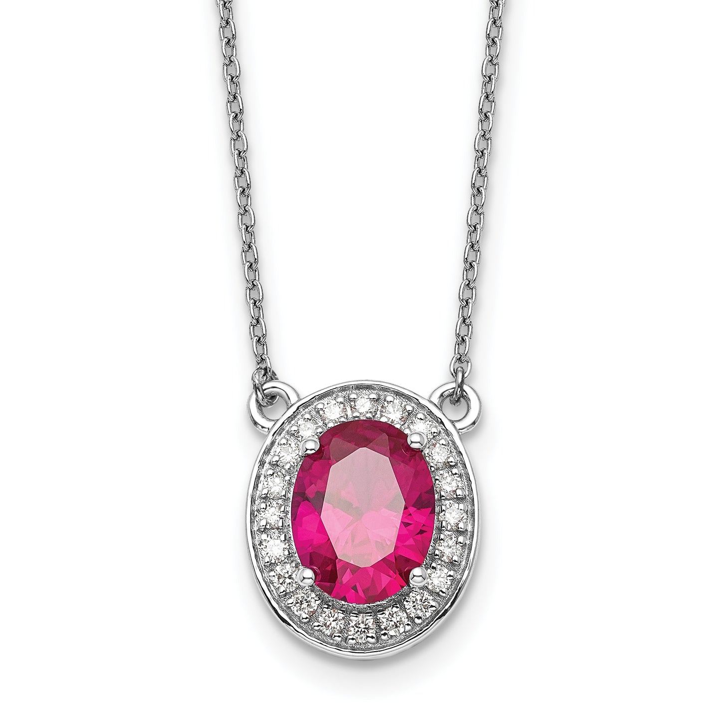 14k White Gold Diamond and 9x7mm Oval Ruby Halo 18 inch Necklace