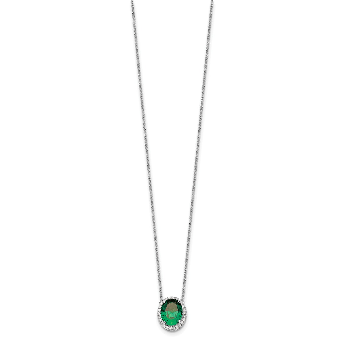 14k White Gold 10x8mm Oval Lab Created Emerald and Diamond Halo 18 inch Necklace