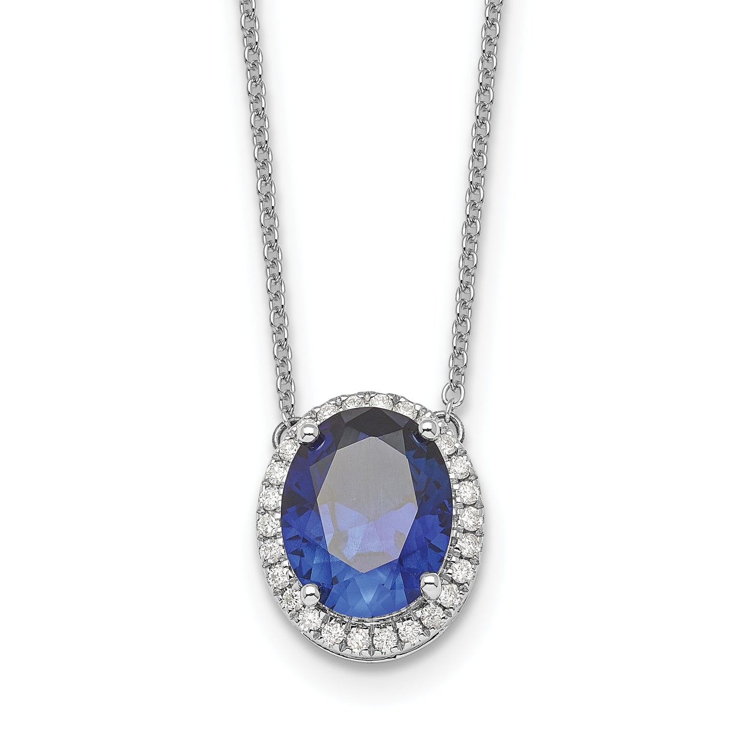 14k White Gold 10x8mm Oval Lab Created Sapphire and Diamond 18 inch Halo Necklace