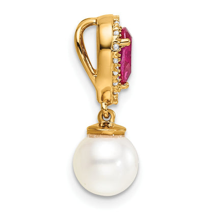 14K 6-7mm Round White Freshwater Cultured Pearl/Pear Ruby/Diamond Teardrop Chain Slide