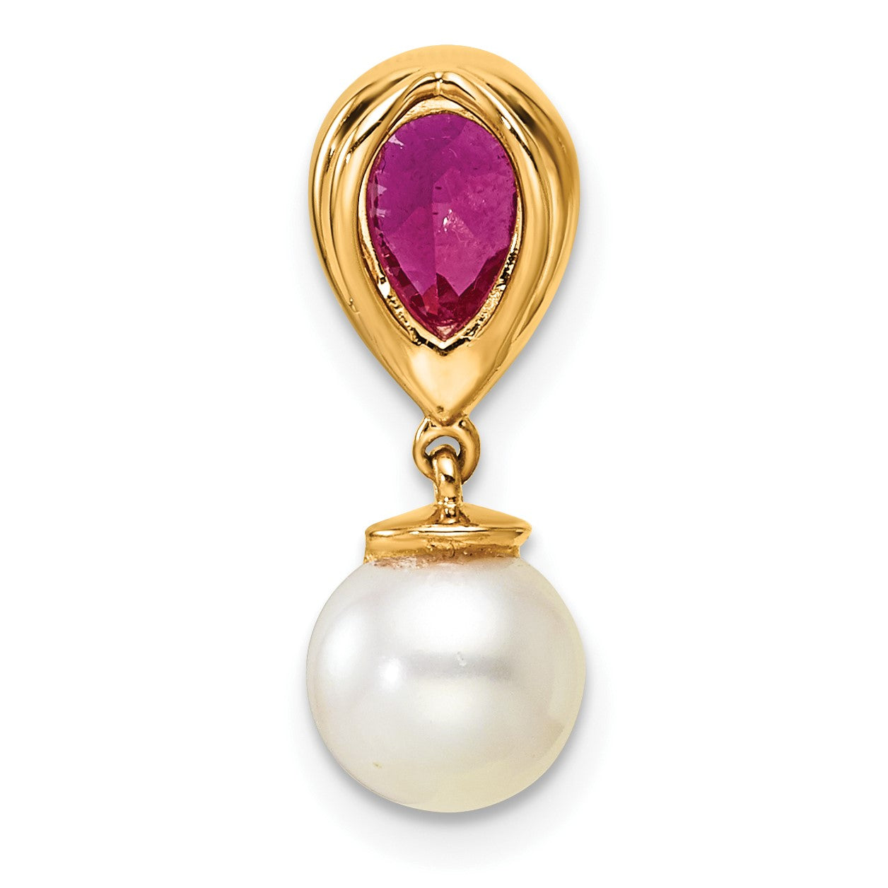 14K 6-7mm Round White Freshwater Cultured Pearl/Pear Ruby/Diamond Teardrop Chain Slide
