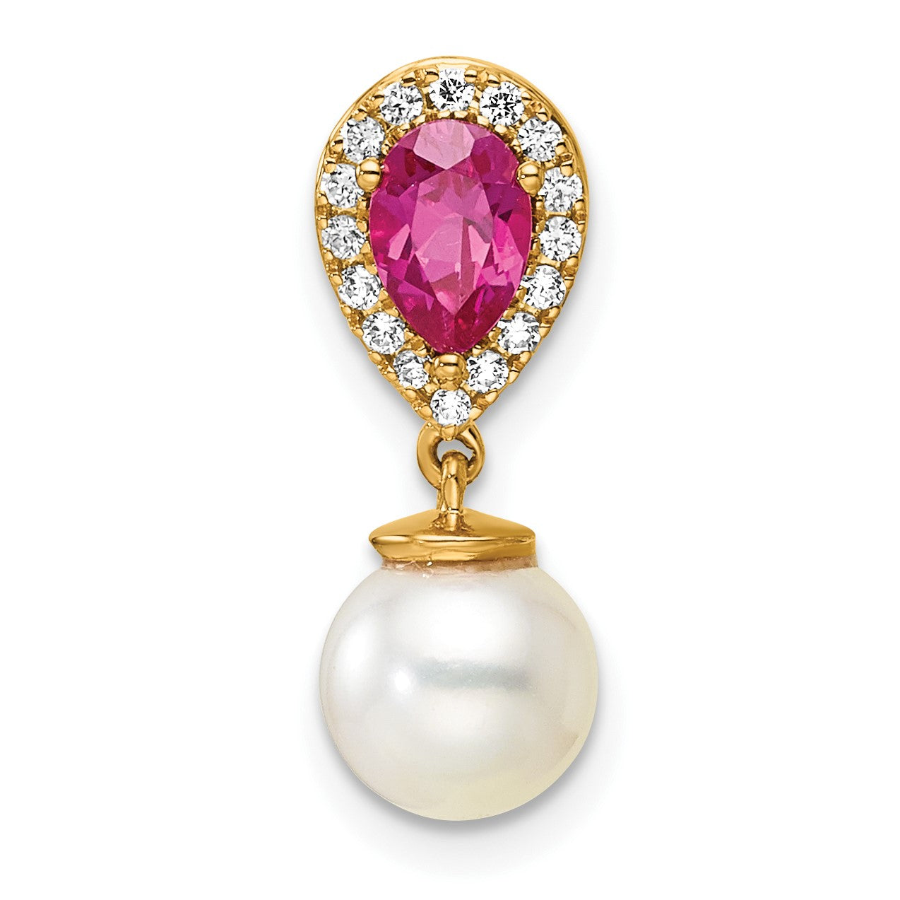 14K 6-7mm Round White Freshwater Cultured Pearl/Pear Ruby/Diamond Teardrop Chain Slide