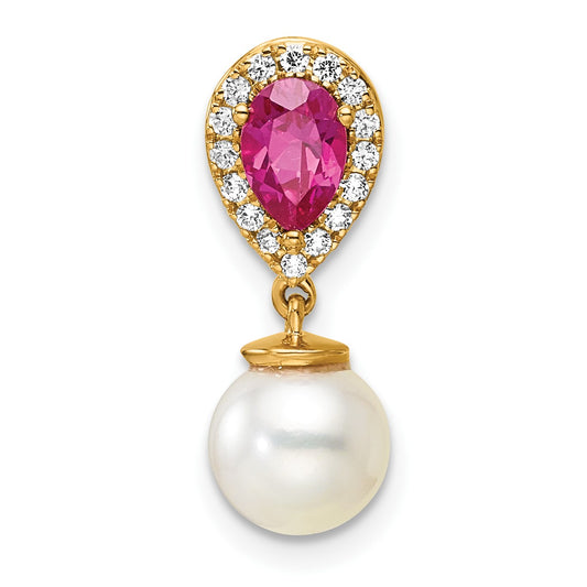 14K 6-7mm Round White Freshwater Cultured Pearl/Pear Ruby/Diamond Teardrop Chain Slide