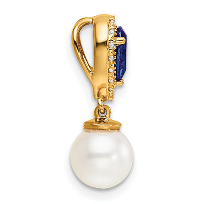 14K 6-7mm Round White Freshwater Cultured Pearl/Pear Sapphire/Diamond Teardrop Chain Slide