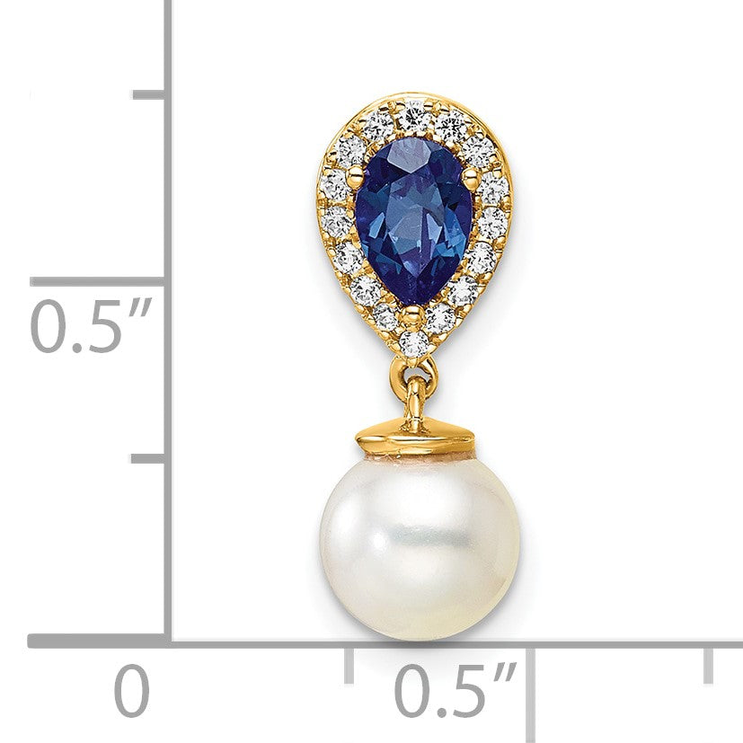 14K 6-7mm Round White Freshwater Cultured Pearl/Pear Sapphire/Diamond Teardrop Chain Slide