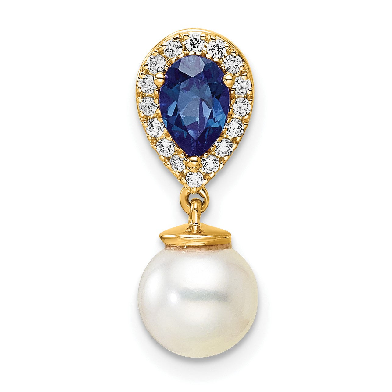 14K 6-7mm Round White Freshwater Cultured Pearl/Pear Sapphire/Diamond Teardrop Chain Slide