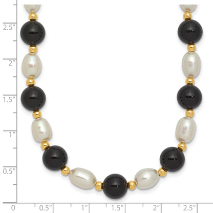 14k 6-7mm White Rice Freshwater Cultured Pearl and Onyx Beads 17 inch Necklace